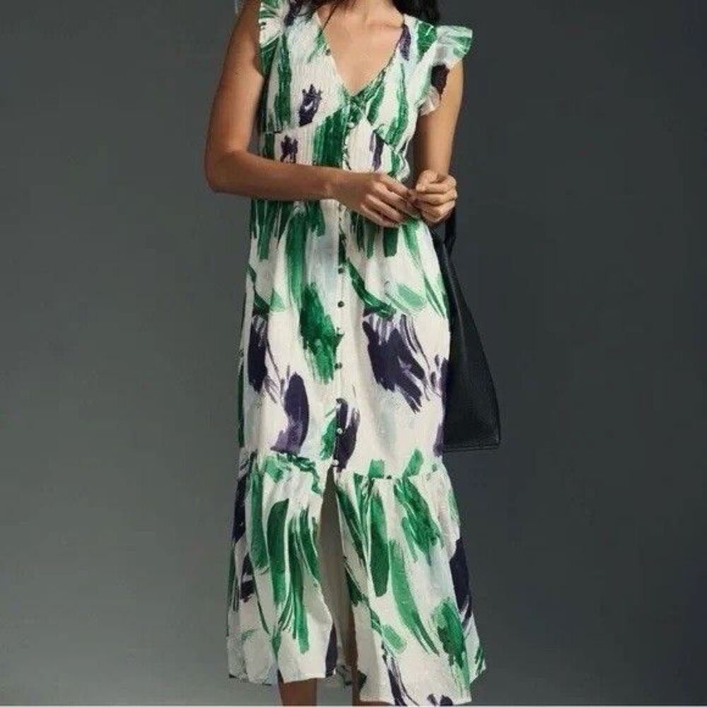 Anthropologie Peregrine Midi Dress Sz Medium Green Purple V-Neck Smocked READ